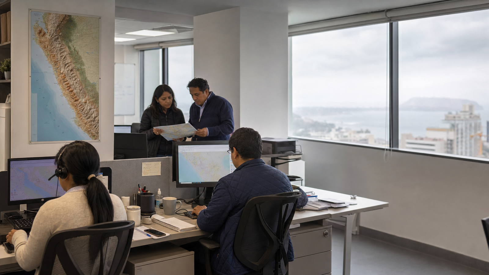 Equipo de coordinación de Peru Assistance Services gestionando casos internacionales en Lima.